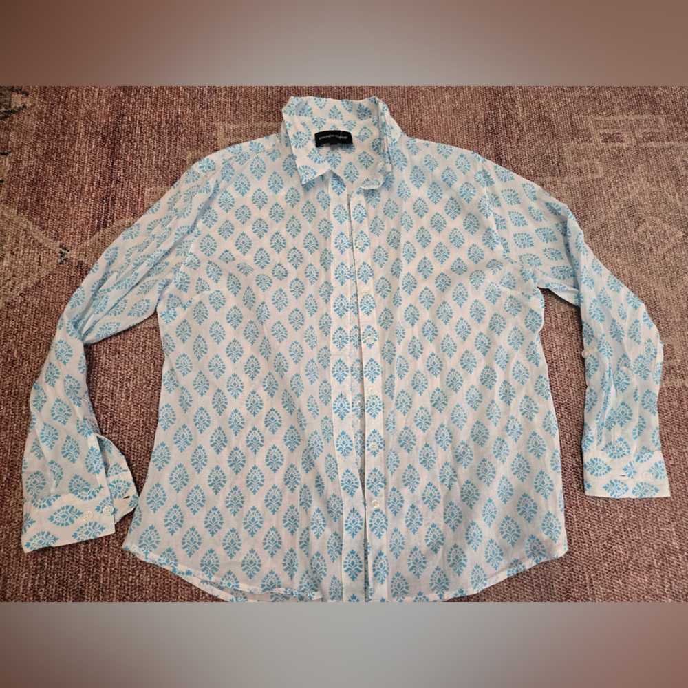 French curve soft cotton patterned teal and white button down top size medium